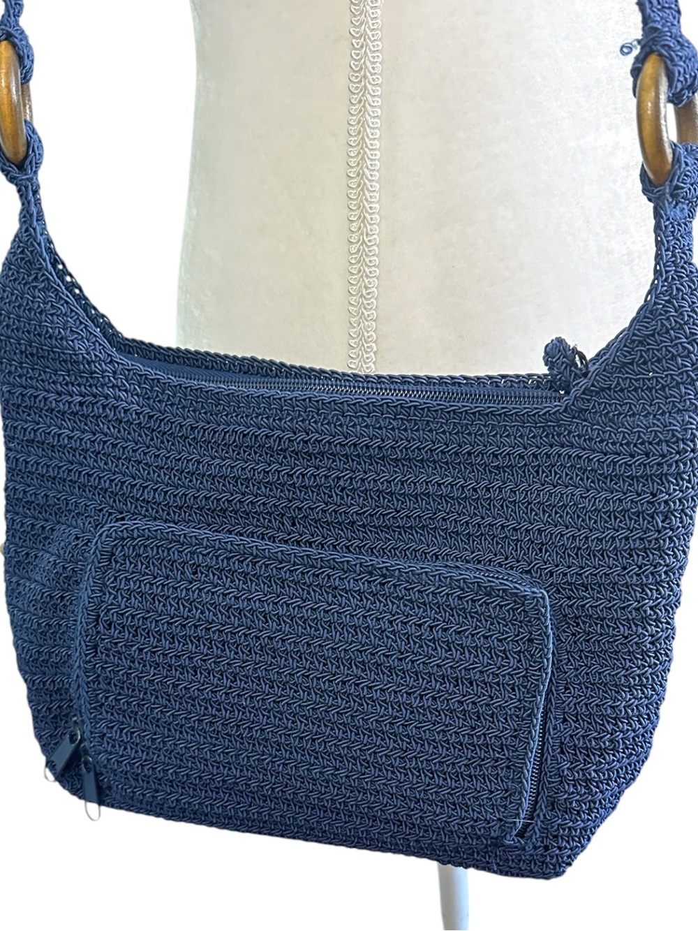 The Sak Navy Blue Crochet Crossbody Bag Beaded Studded Wallet Organizer - Picture 5 of 8